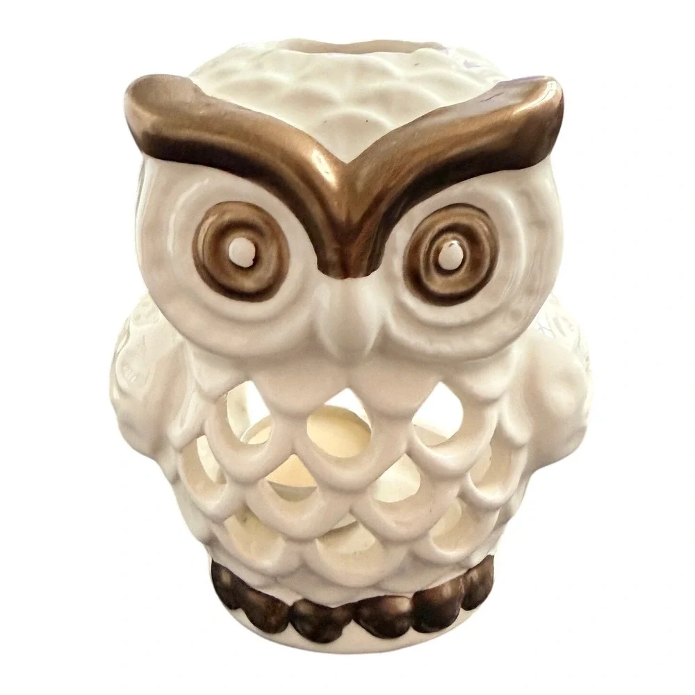 Ceramic Owl Votive Candle Hlder‎ White Bronze Pierced Cutout Decor